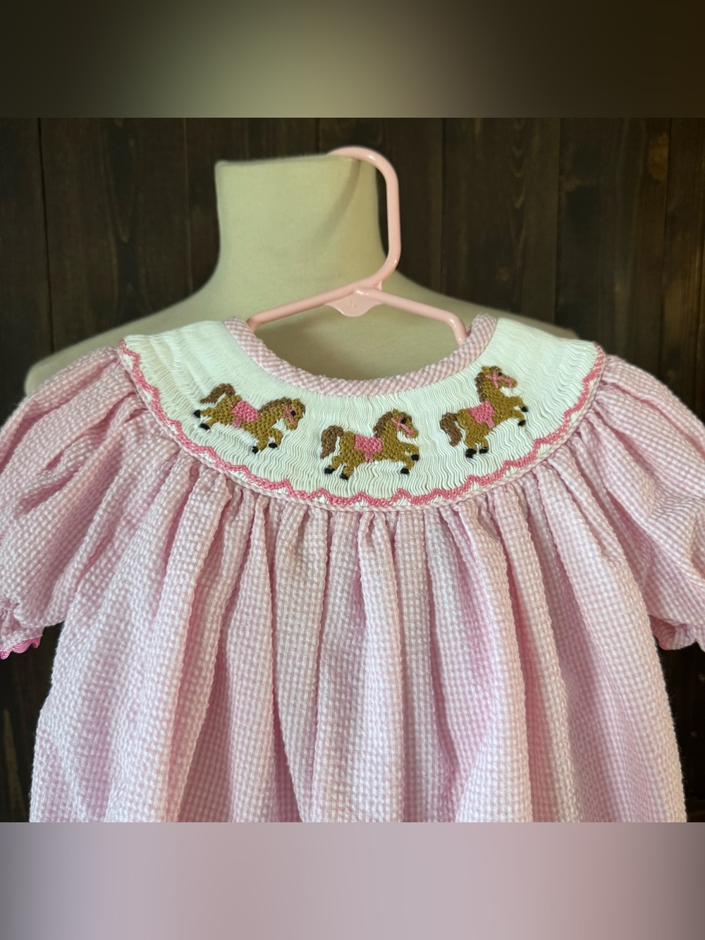 Girls Smockingbird Pink Gingham Smocked Bubble Romper with Horses 12 Months